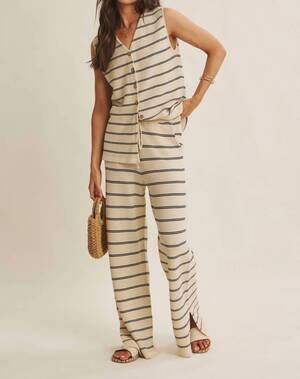 NEW IN FEBRUARY striped button-down knit top in tan navy